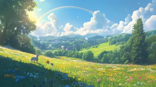 Idyllic Landscape with Rainbow and Horse