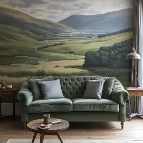 Green Sofa in Front of Landscape Painting