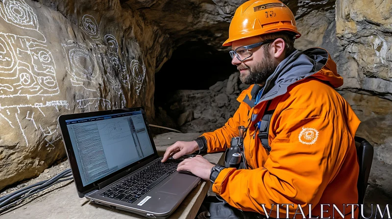 Archeologist in Cave Analyzing Petroglyphs