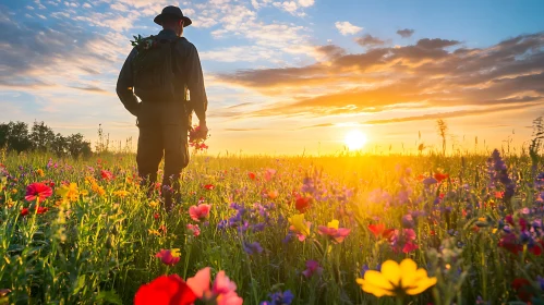 Man Walking in Flower Field at Sunset