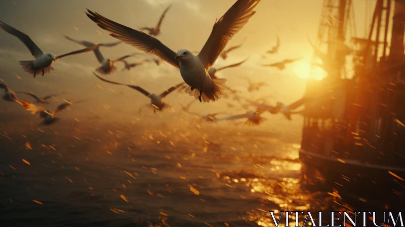 Golden Light Seagulls Over Ocean - Cinematic Nature Scene AI Image