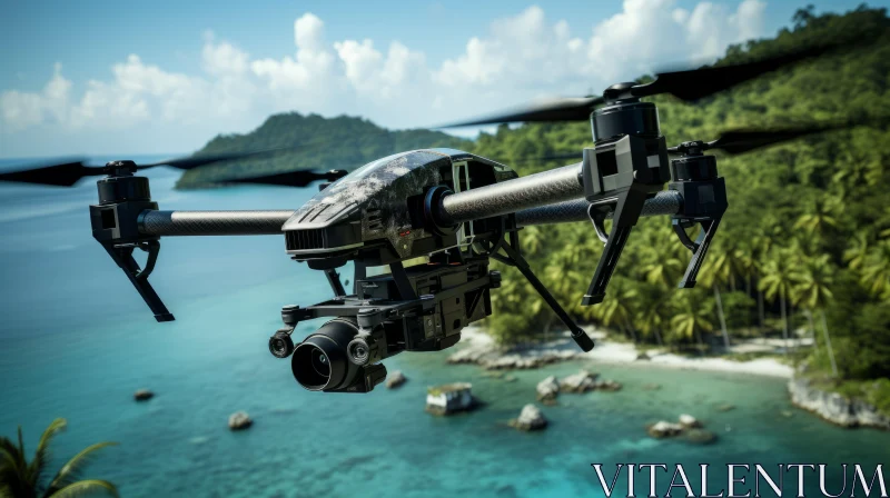 Unmanned Drone Flying Over Tropical Island - Photorealistic Detailing AI Image