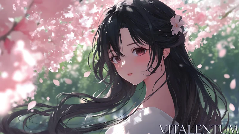 Woman in Blooming Cherry Blossoms - Anime Art