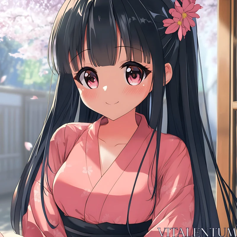 Anime Girl in Floral Pink Kimono