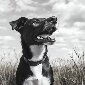 Happy Dog in a Field with Cloudy Sky