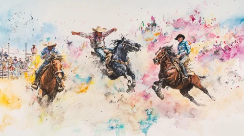 Cowboys Riding Horses Watercolor Painting