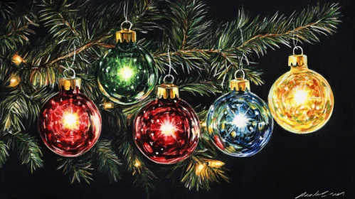 Sparkling Christmas Baubles on Evergreen Branch