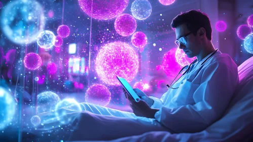 Doctor navigates digital spheres on tablet