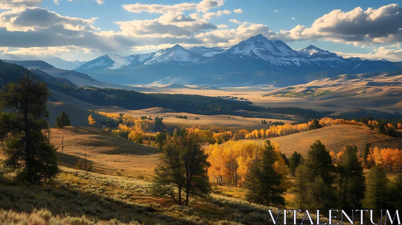 Snowy Peaks and Golden Valley Landscape AI Image