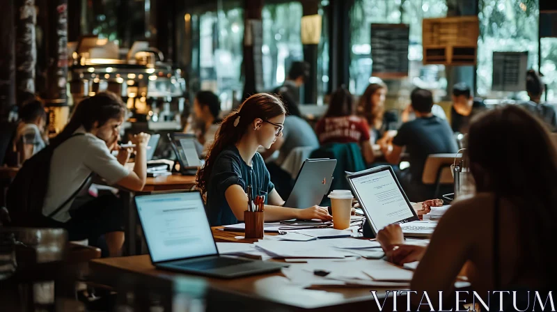 Busy Cafe Scene with People Working
