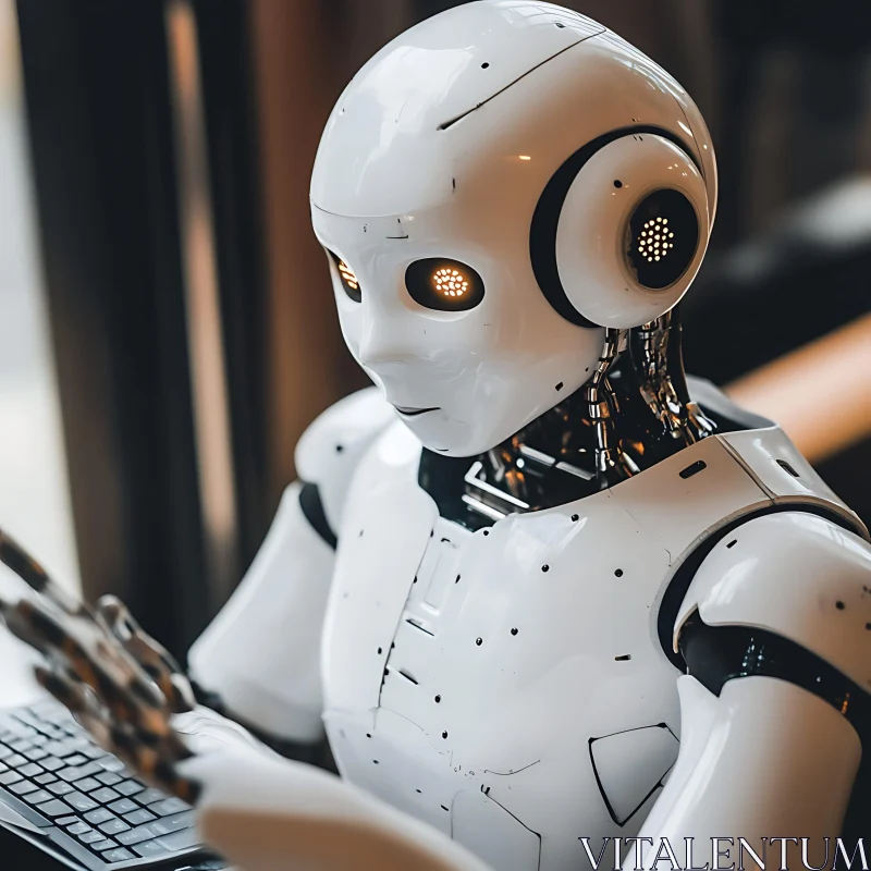 Futuristic Robot Working on Computer