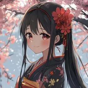 Traditional Kimono and Cherry Blossoms - Anime Art