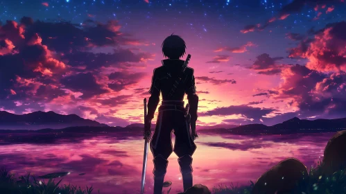 Anime Character by Lake at Dusk