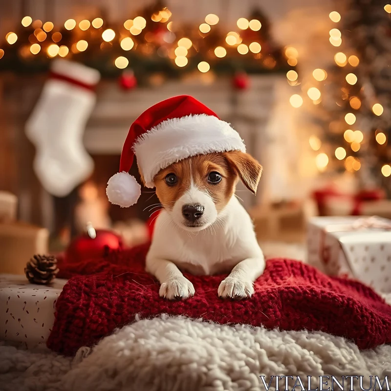 Festive Puppy with Santa Hat for Christmas AI Image