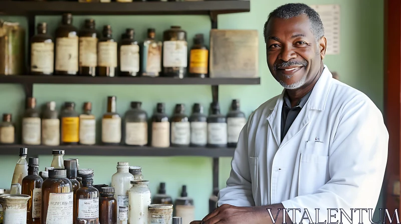 Man in Lab Coat Surrounded by Old Bottles