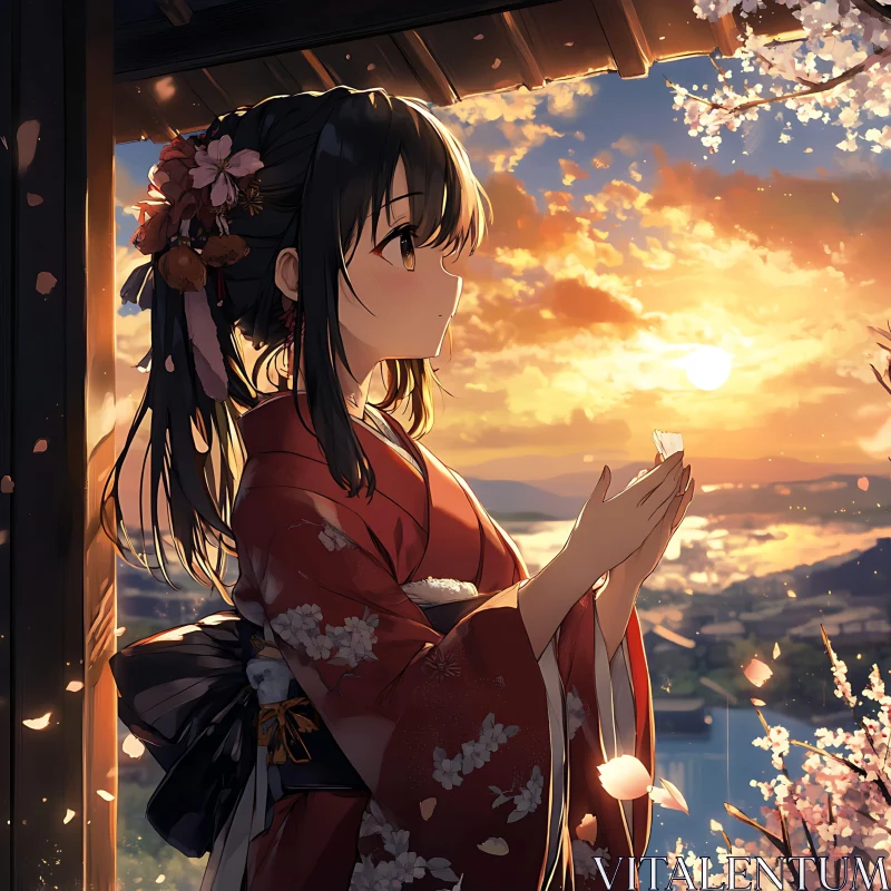 Serene Sunset with an Anime Girl in Floral Kimono AI Image