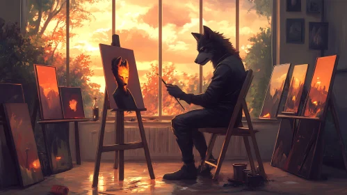 Anthropomorphic Wolf Painter at Sunset