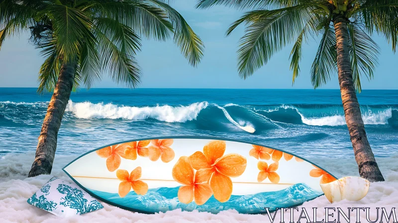 Floral Surfboard on a Tropical Beach