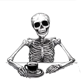 Monochrome Skeleton with Coffee Cup