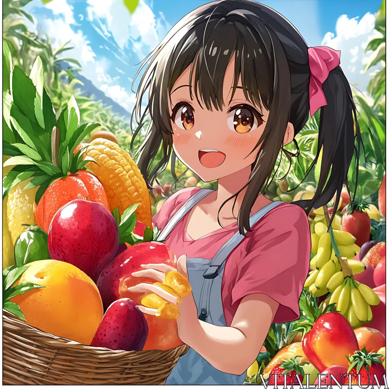 Happy Anime Girl with Fresh Fruits
