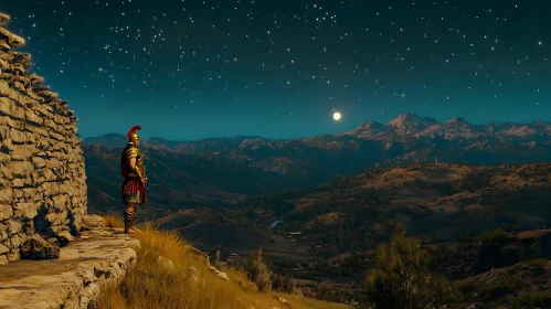 Ancient Warrior Gazing at Night Landscape