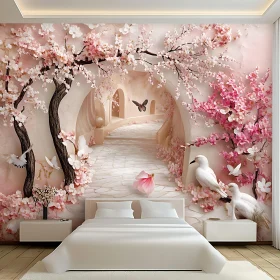 Serene Cherry Blossom Mural in Bedroom Decor