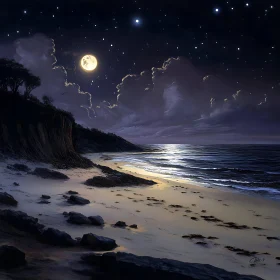 Night Seascape with Moon and Stars