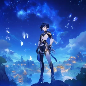 Starry Night Anime Scene with Character and Village