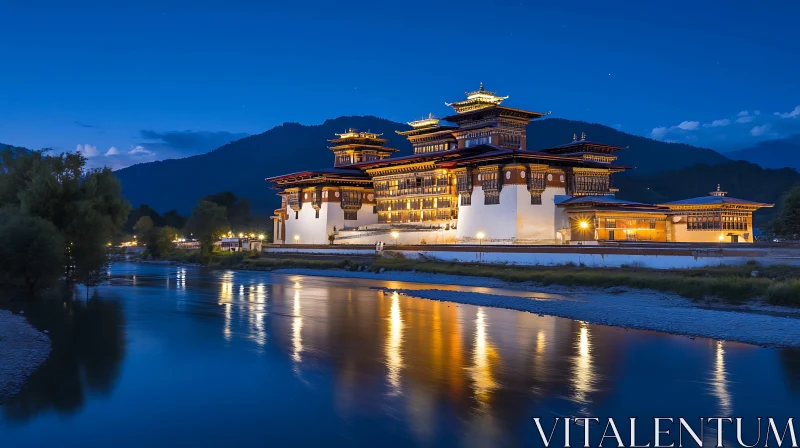 Bhutanese Architecture Reflected in River at Night