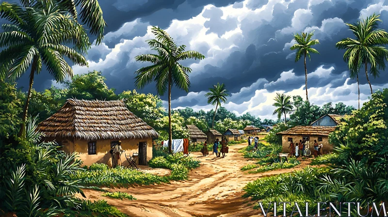 Idyllic Village Scene with Palm Trees