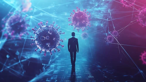 Man in Suit Walking Through Virus Network