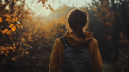 Woman with Backpack in Autumn Forest
