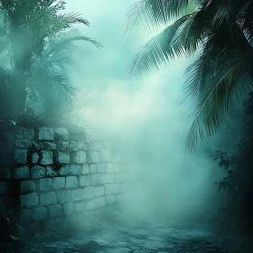 Foggy Palm Trees and Ancient Wall