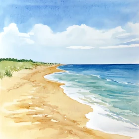 Tranquil Beach Watercolor Painting