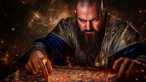 Man with beard reading magic map