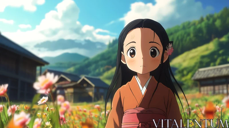 Anime Girl in Traditional Kimono in Flower Field