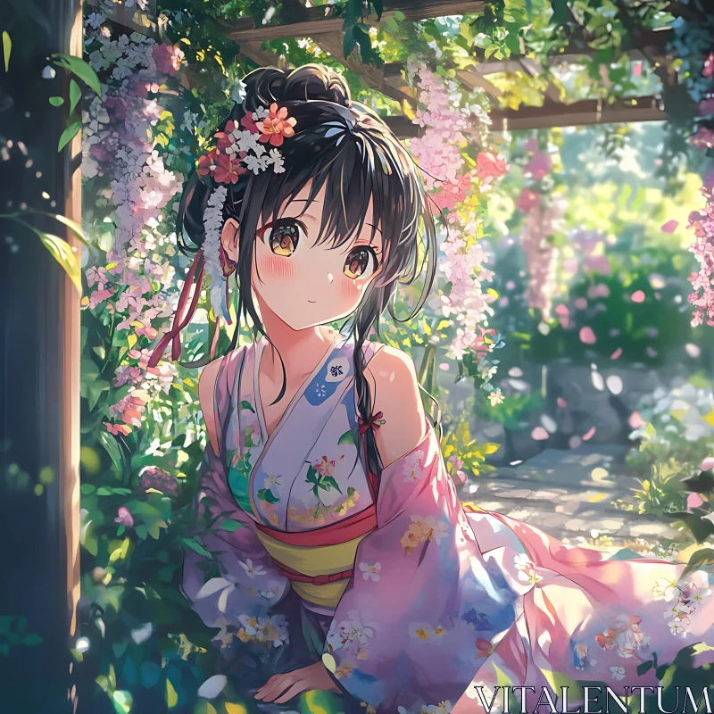 Anime Girl in a Serene Garden with Blooming Flowers