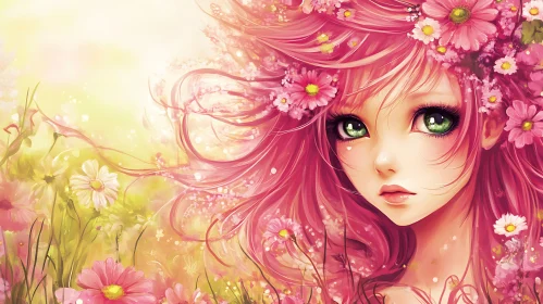 Floral Anime Beauty with Pink Hair