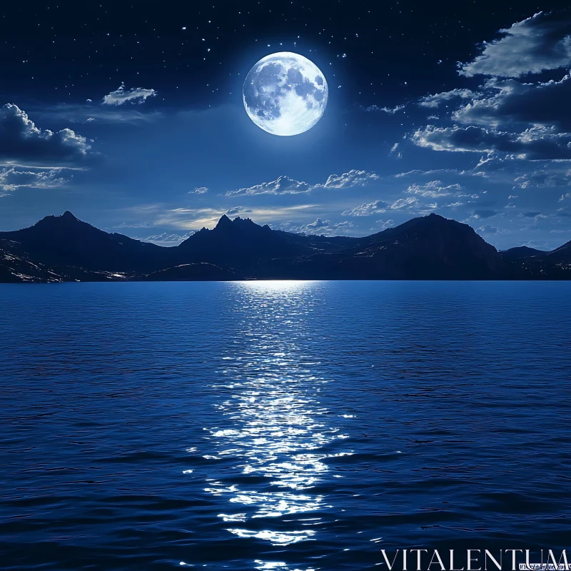 Nightscape with Moonlit Water and Mountains