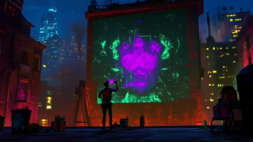 Rooftop Skull Art: City at Night