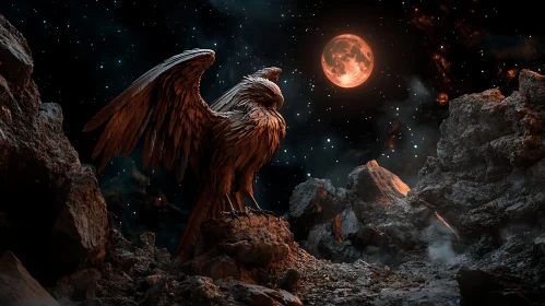 Eagle on Rocks with Full Moon
