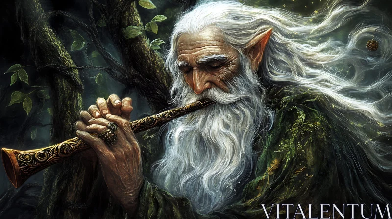 Old Elf Playing Flute in Forest