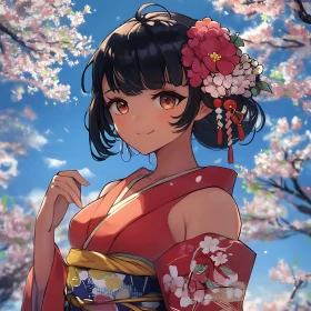 Anime Spring Scene with Kimono-Clad Girl