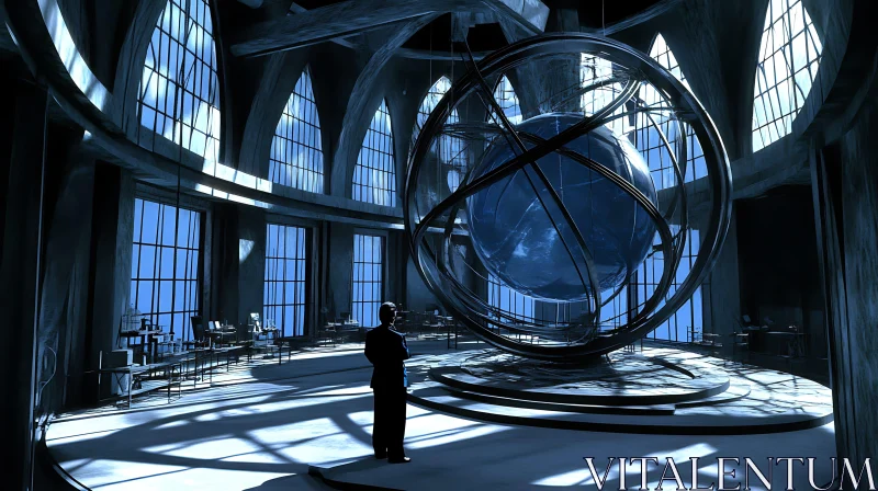 Man in Grand Hall Contemplating Sphere