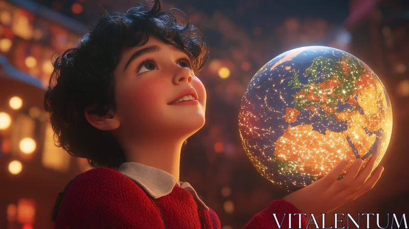 AI ART Boy with Illuminated Earth