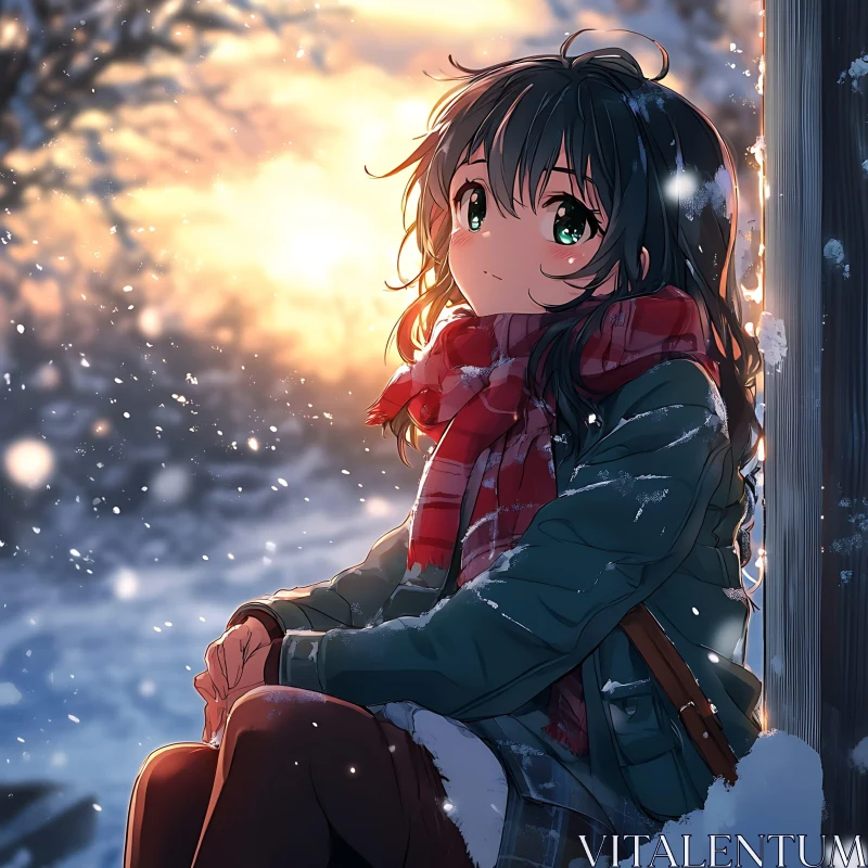 Serene Anime Girl in Winter Sunset AI Image