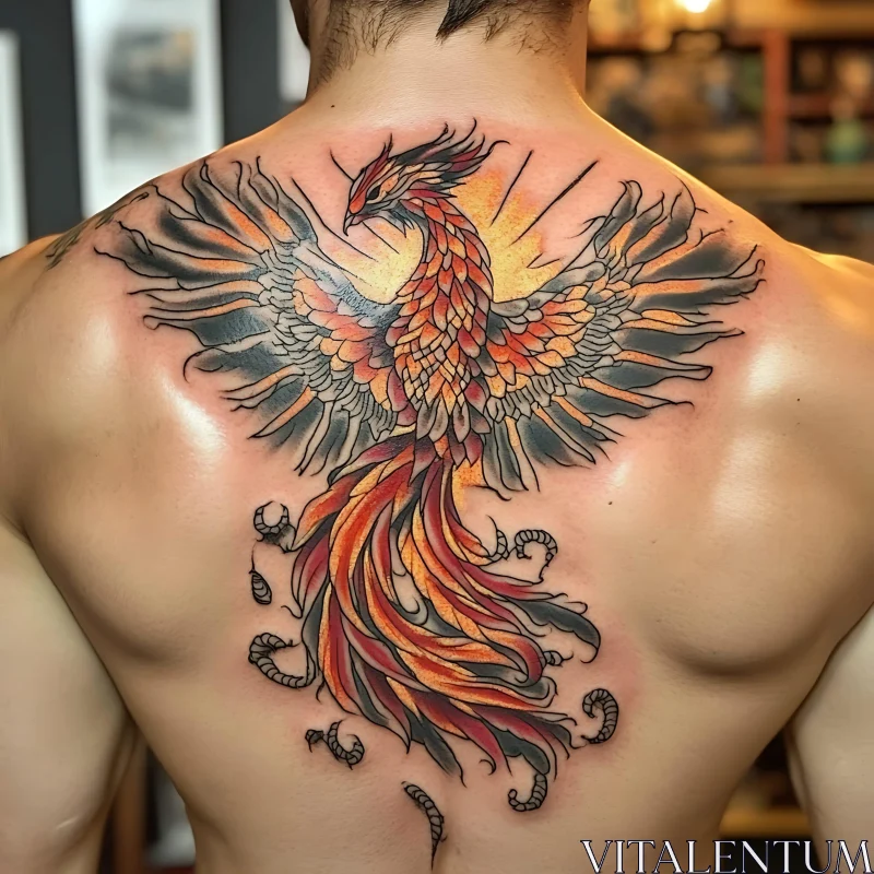Fiery Phoenix Back Tattoo Design