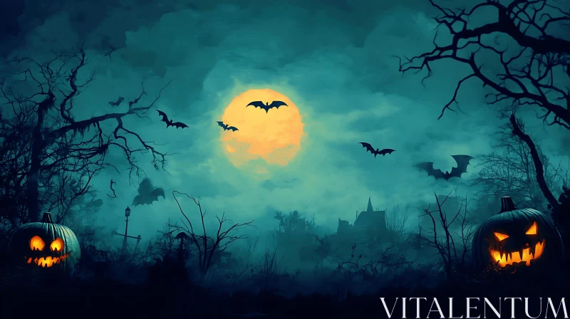 Halloween Night with Pumpkins and Bats
