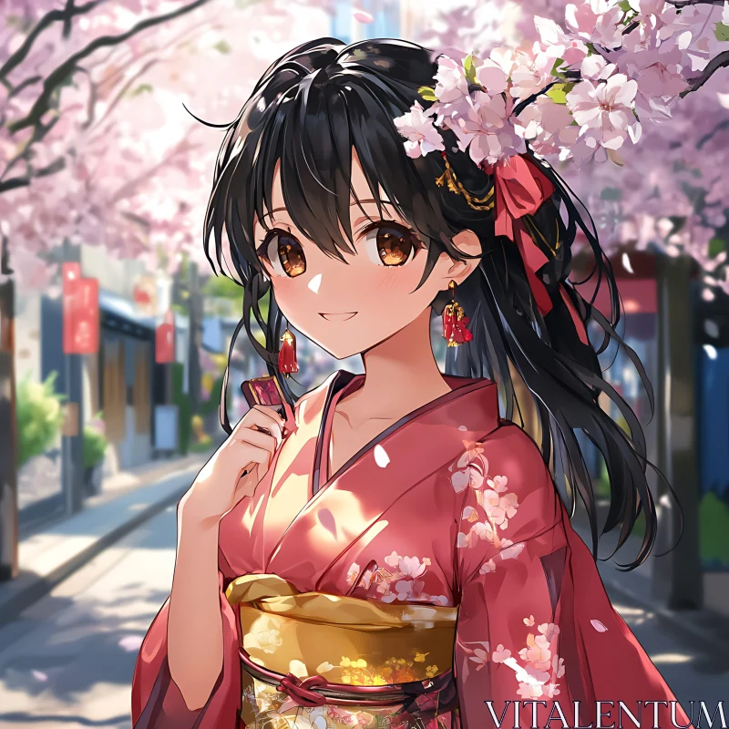 AI ART Cherry Blossom Kimono Anime Girl