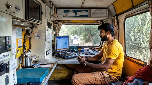 Man Using Laptop in Vehicle Interior